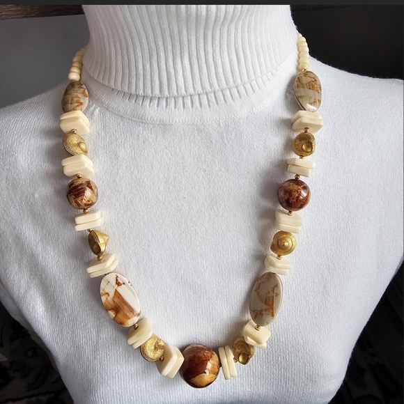 Vintage Multi-Strand Bib Necklace with Natural Stone, Shell, and Wood Beads - Picture 1 of 6